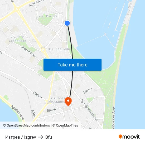 Izgrev to BFU map