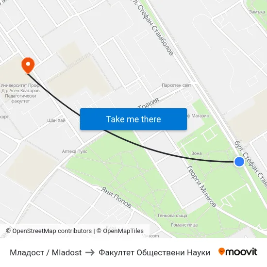 Младост / Mladost to Факултет Обществени Науки map