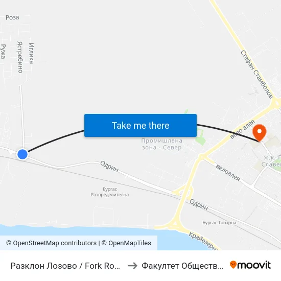 Разклон Лозово / Fork Road For Lozovo to Факултет Обществени Науки map