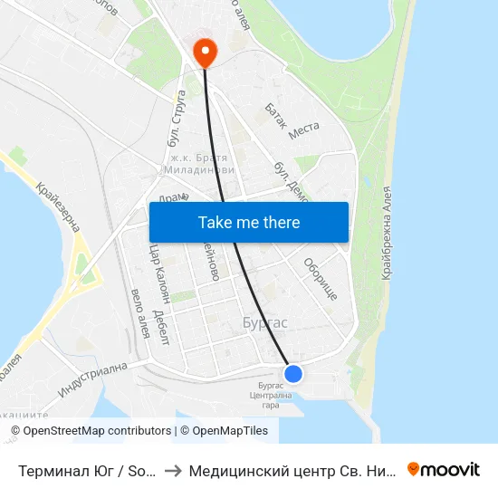 Терминал Юг / South Terminus to Медицинский центр Св. Николай Чудотворец map