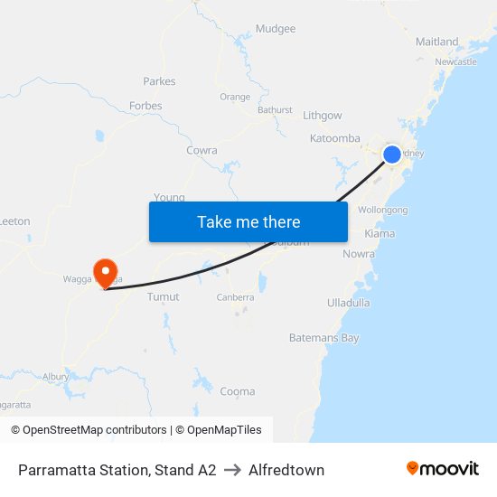 Parramatta Station, Stand A2 to Alfredtown map