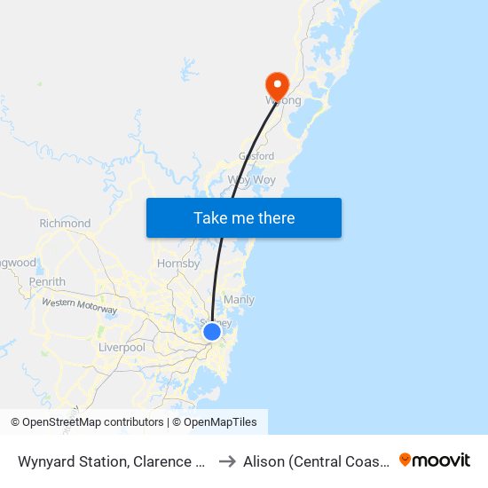Wynyard Station, Clarence St, Stand Q to Alison (Central Coast - NSW) map