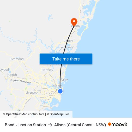 Bondi Junction Station to Alison (Central Coast - NSW) map