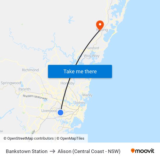 Bankstown Station to Alison (Central Coast - NSW) map