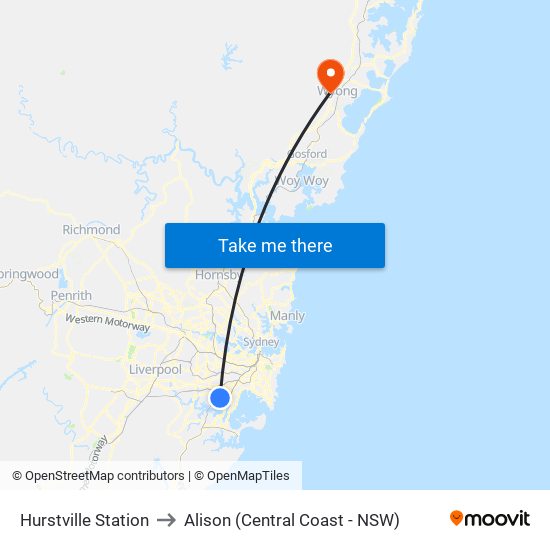 Hurstville Station to Alison (Central Coast - NSW) map