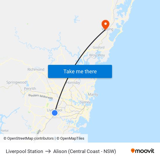 Liverpool Station to Alison (Central Coast - NSW) map