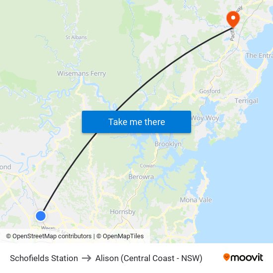 Schofields Station to Alison (Central Coast - NSW) map