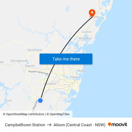 Campbelltown Station to Alison (Central Coast - NSW) map