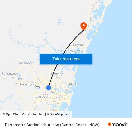 Parramatta Station to Alison (Central Coast - NSW) map