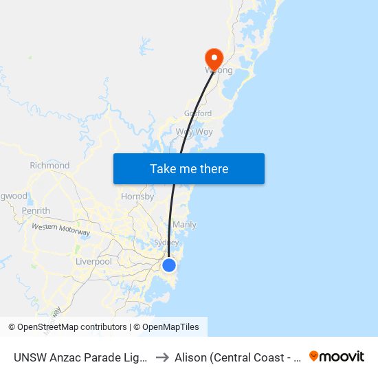 UNSW Anzac Parade Light Rail to Alison (Central Coast - NSW) map