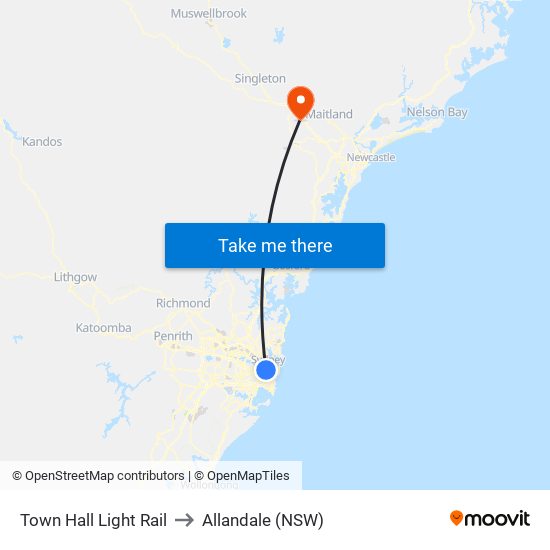 Town Hall Light Rail to Allandale (NSW) map