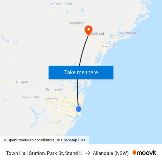 Town Hall Station, Park St, Stand K to Allandale (NSW) map