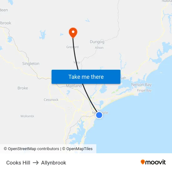 Cooks Hill to Allynbrook map