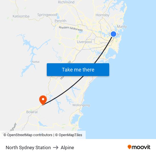 North Sydney Station to Alpine map