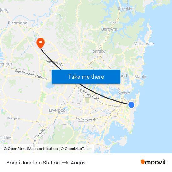 Bondi Junction Station to Angus map