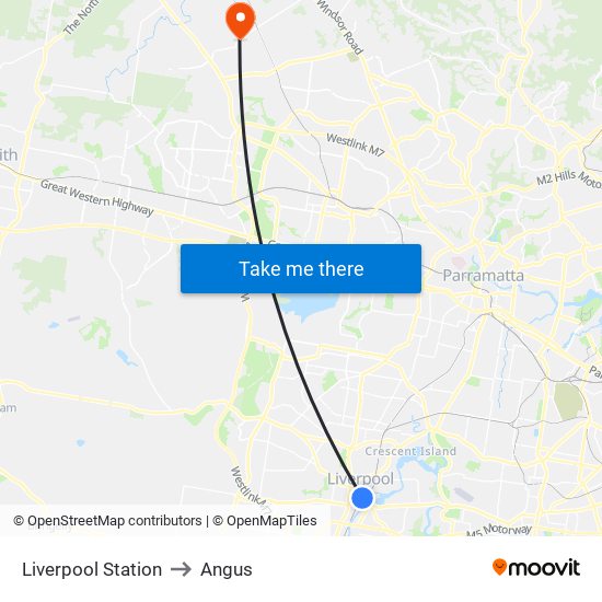 Liverpool Station to Angus map