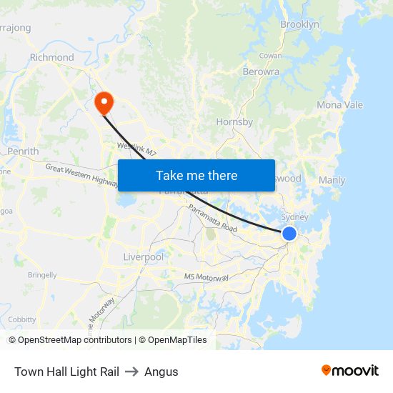 Town Hall Light Rail to Angus map