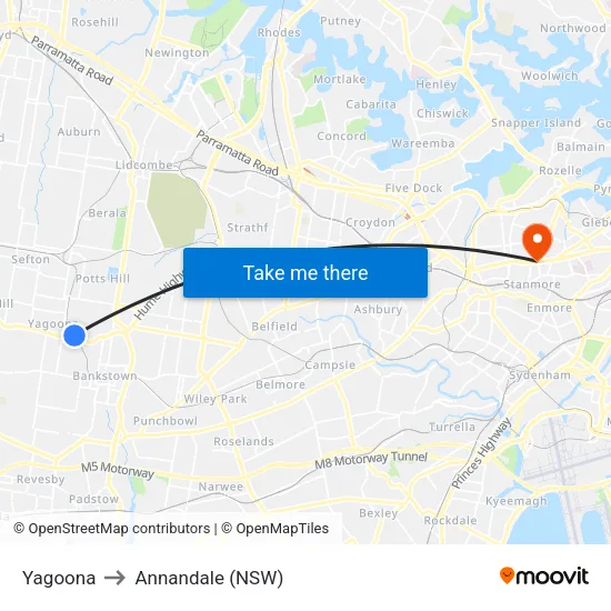 Yagoona to Annandale (NSW) map