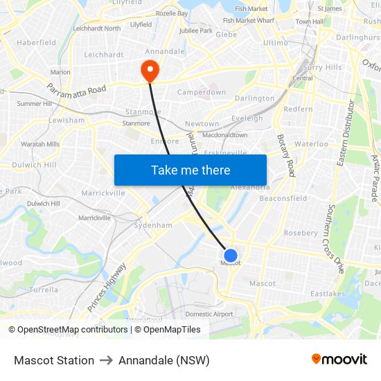 Mascot Station to Annandale (NSW) map