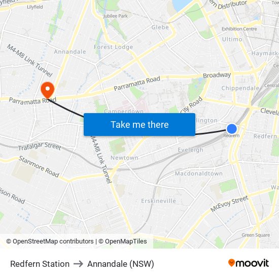 Redfern Station to Annandale (NSW) map