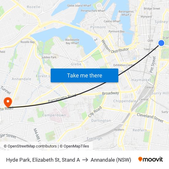 Hyde Park, Elizabeth St, Stand A to Annandale (NSW) map