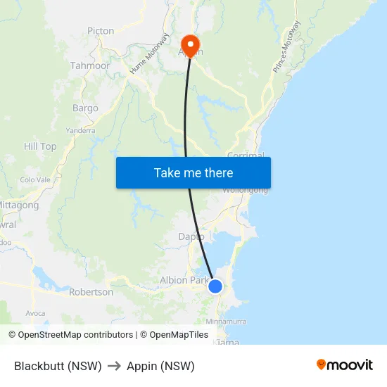 Blackbutt (NSW) to Appin (NSW) map