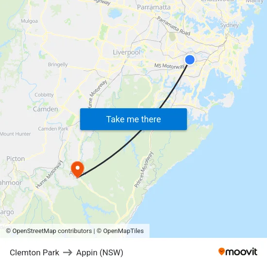 Clemton Park to Appin (NSW) map