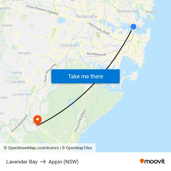 Lavender Bay to Appin (NSW) map