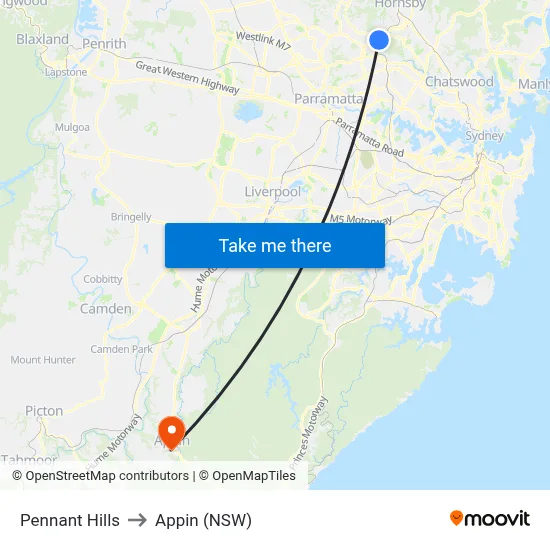 Pennant Hills to Appin (NSW) map