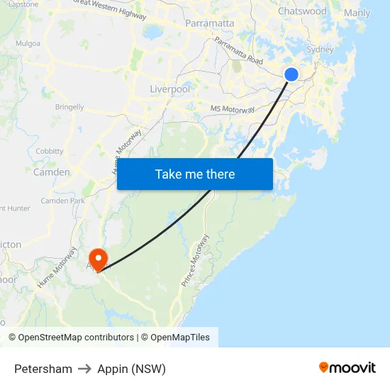 Petersham to Appin (NSW) map