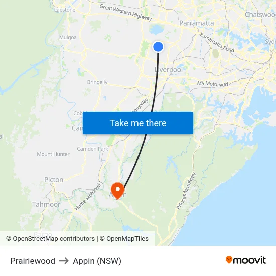 Prairiewood to Appin (NSW) map