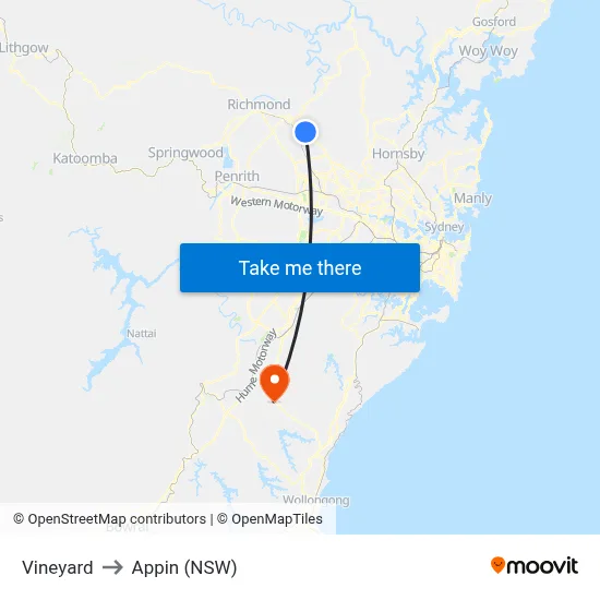 Vineyard to Appin (NSW) map