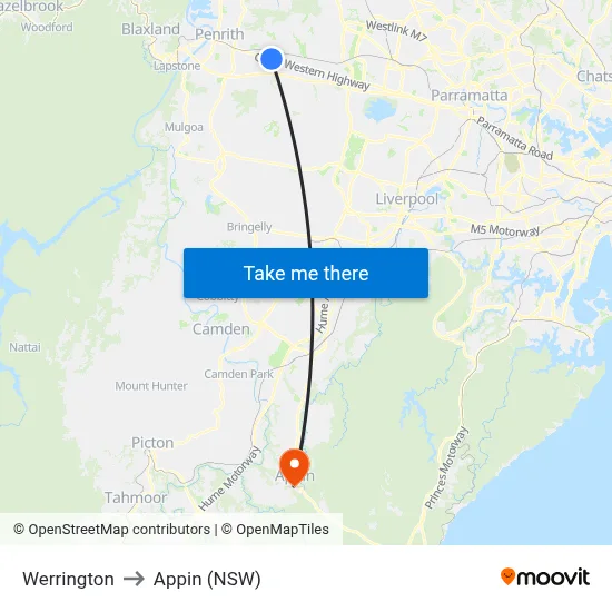 Werrington to Appin (NSW) map