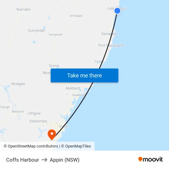 Coffs Harbour to Appin (NSW) map