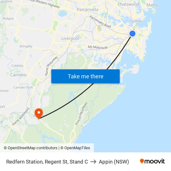 Redfern Station, Regent St, Stand C to Appin (NSW) map
