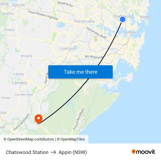 Chatswood Station to Appin (NSW) map