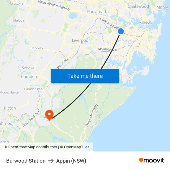 Burwood Station to Appin (NSW) map