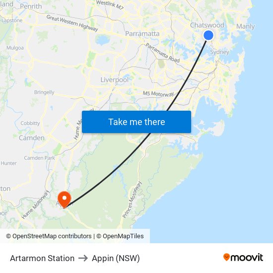 Artarmon Station to Appin (NSW) map
