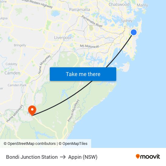 Bondi Junction Station to Appin (NSW) map