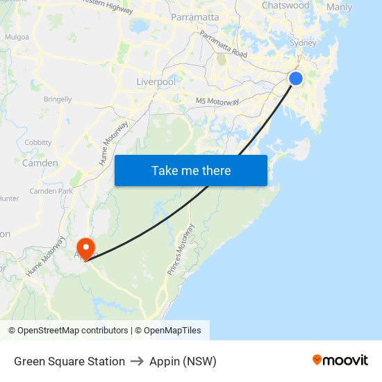 Green Square Station to Appin (NSW) map