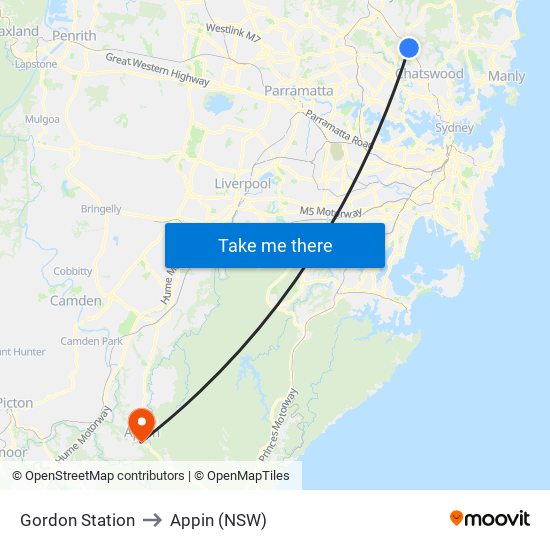 Gordon Station to Appin (NSW) map