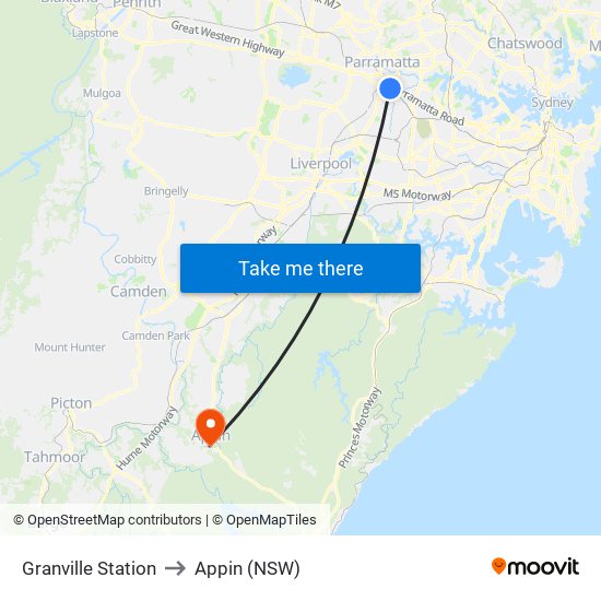 Granville Station to Appin (NSW) map