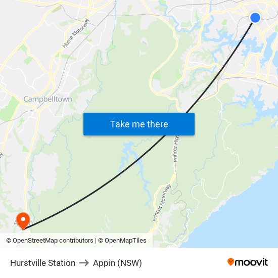 Hurstville Station to Appin (NSW) map