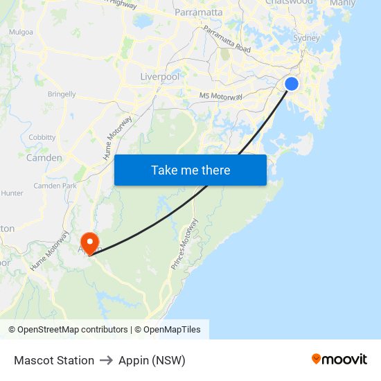 Mascot Station to Appin (NSW) map