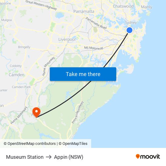 Museum Station to Appin (NSW) map