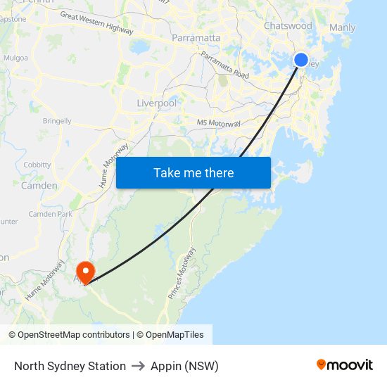 North Sydney Station to Appin (NSW) map