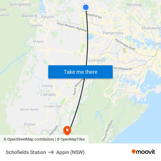 Schofields Station to Appin (NSW) map
