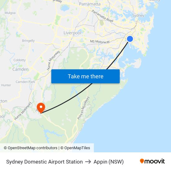Sydney Domestic Airport Station to Appin (NSW) map
