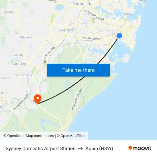 Sydney Domestic Airport Station to Appin (NSW) map