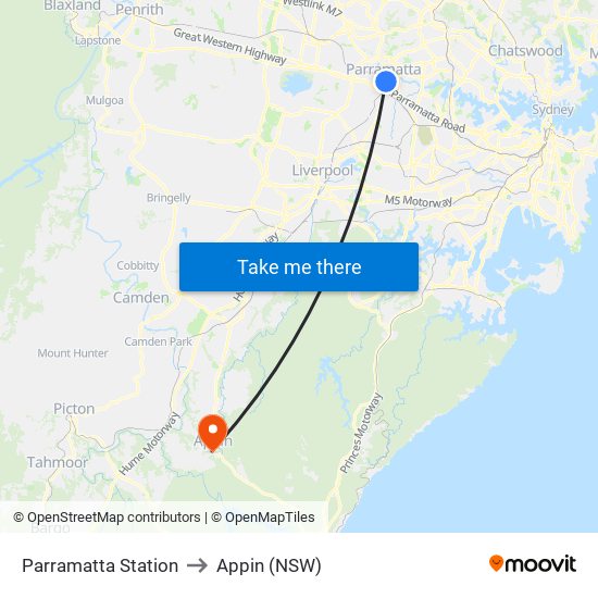 Parramatta Station to Appin (NSW) map